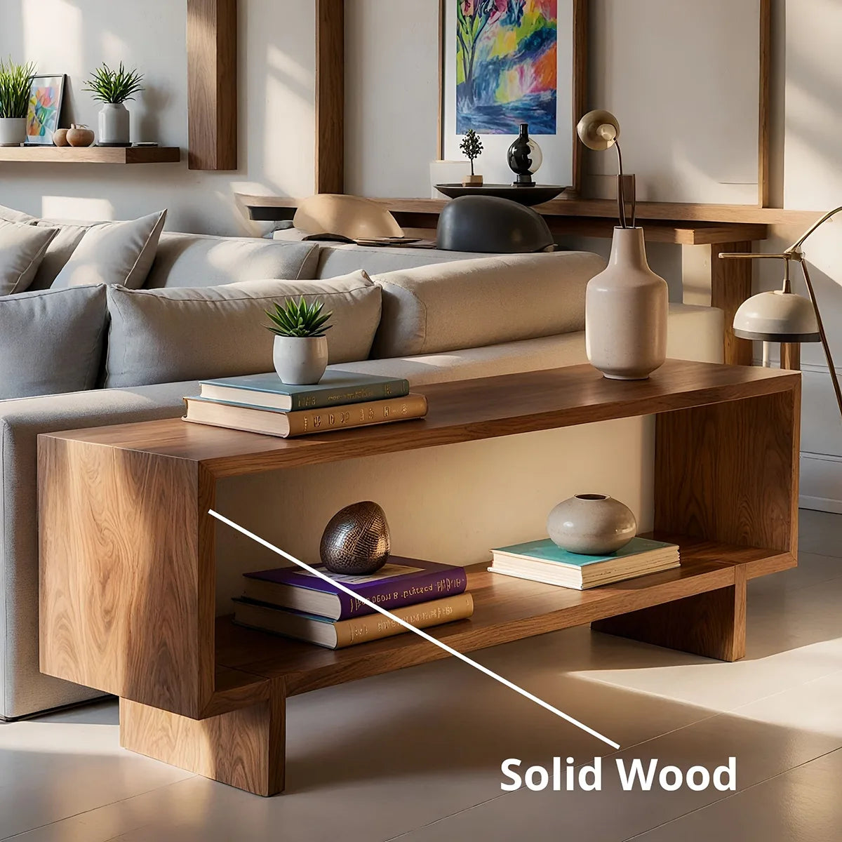 Solid Wood Sofa Console Table with Open Shelf and Block Legs