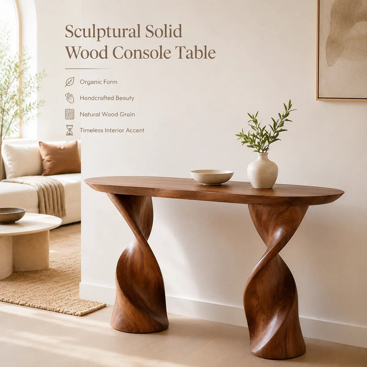 Modern Twist Pedestal Console Table | Sculptural Solid Wood Entryway Hallway Accent Table TT006-2523