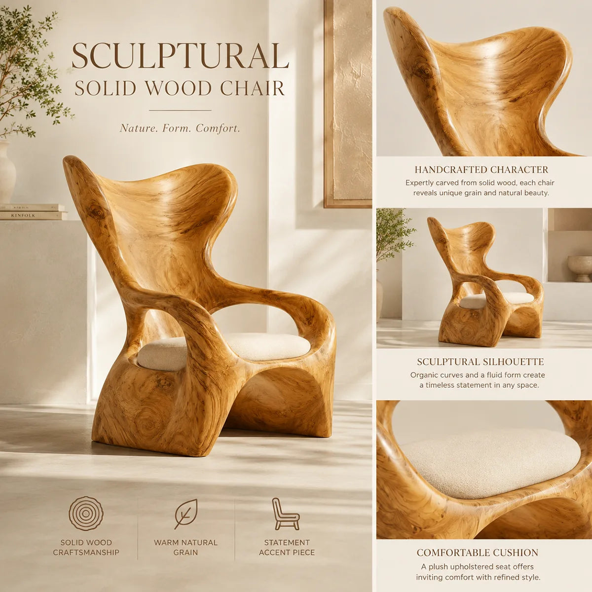 Organic High Back Solid Wood Lounge Chair | Sculptural Handcrafted Wooden Accent Chair TT006-3675