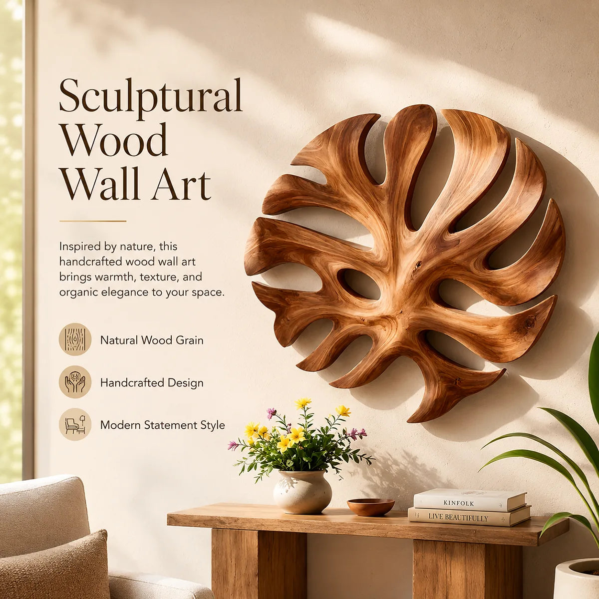 Round Monstera Leaf Wood Wall Art | Tropical Botanical Wooden Wall Decor for Living Room, Bedroom & Entryway TT006-2435