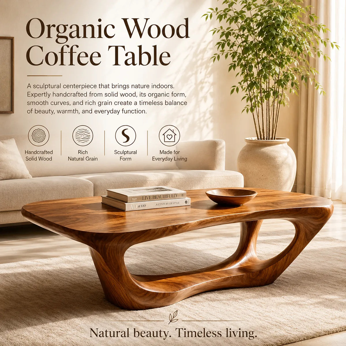 Sculptural Organic Coffee Table | Modern Solid Wood Freeform Center Table TT006-8904