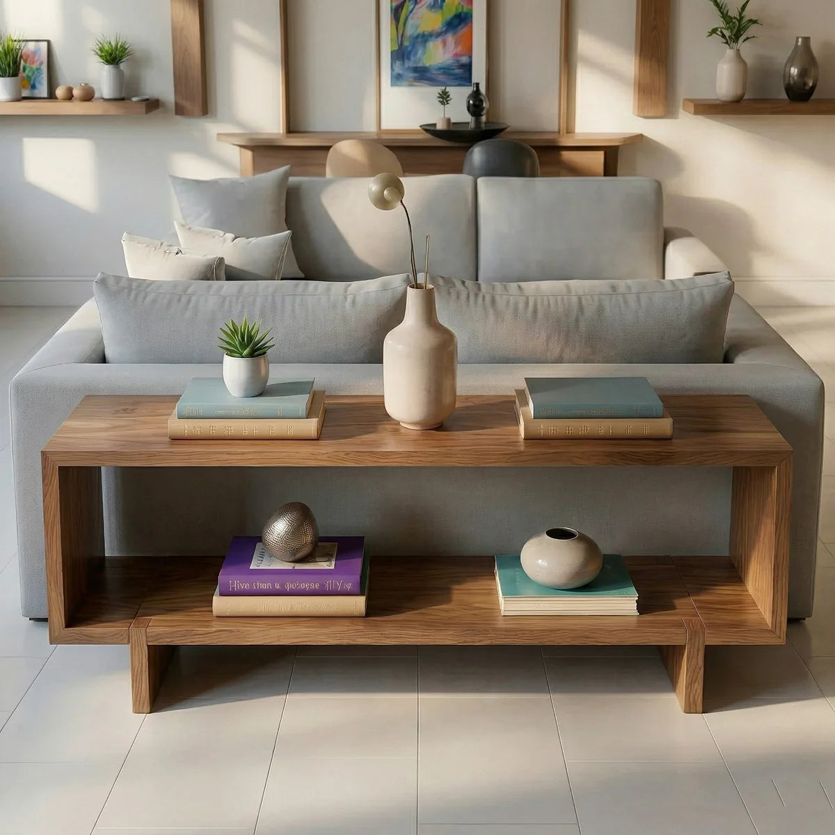Solid Wood Sofa Console Table with Open Shelf and Block Legs