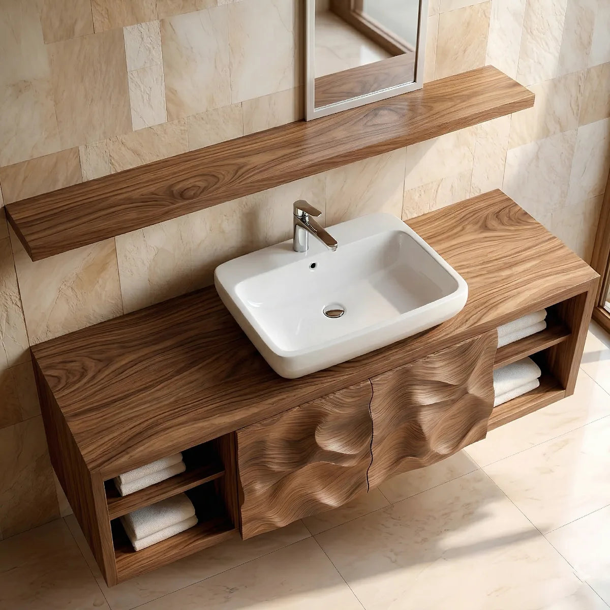 Floating Solid Wood Bathroom Vanity with Sculpted Doors and Open Side Shelves