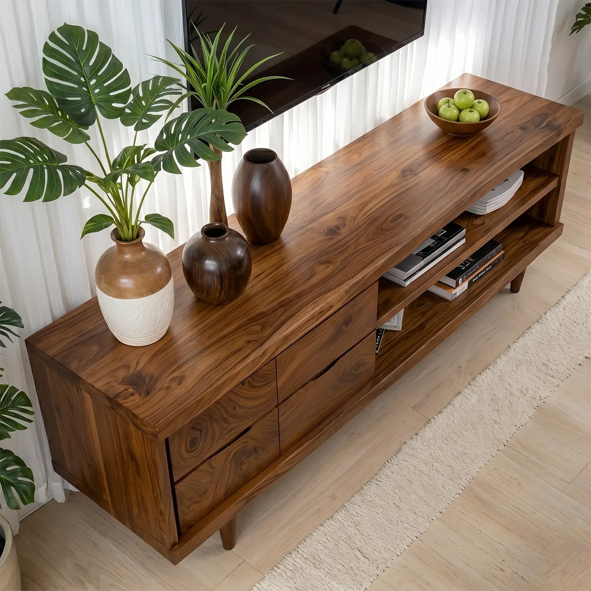 Mid Century Modern Solid Wood TV Stand with Live Edge Top