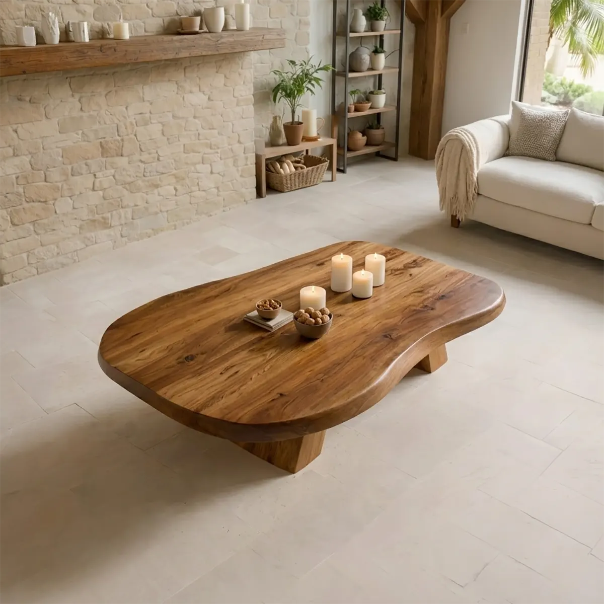 Large Organic Solid Wood Coffee Table with Tapered Pedestal Base