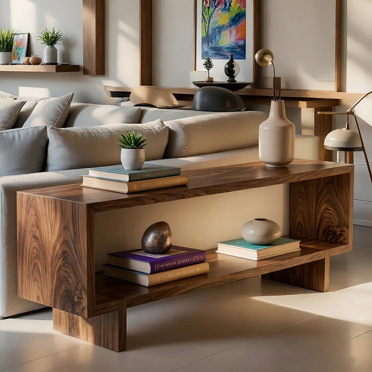 Solid Wood Sofa Console Table with Open Shelf and Block Legs