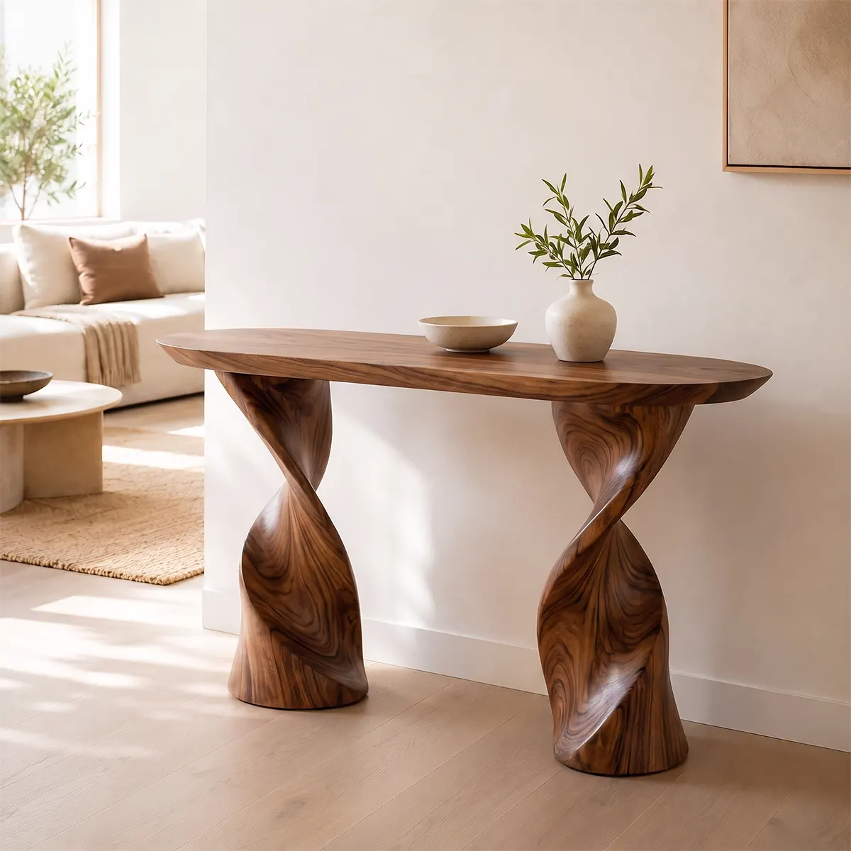 Modern Twist Pedestal Console Table | Sculptural Solid Wood Entryway Hallway Accent Table TT006-2523