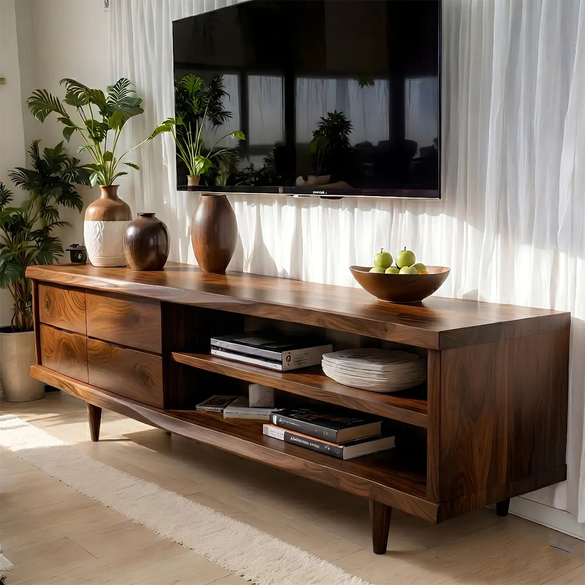 Mid Century Modern Solid Wood TV Stand with Live Edge Top