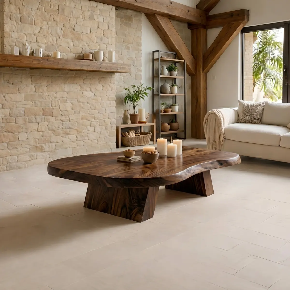 Large Organic Solid Wood Coffee Table with Tapered Pedestal Base