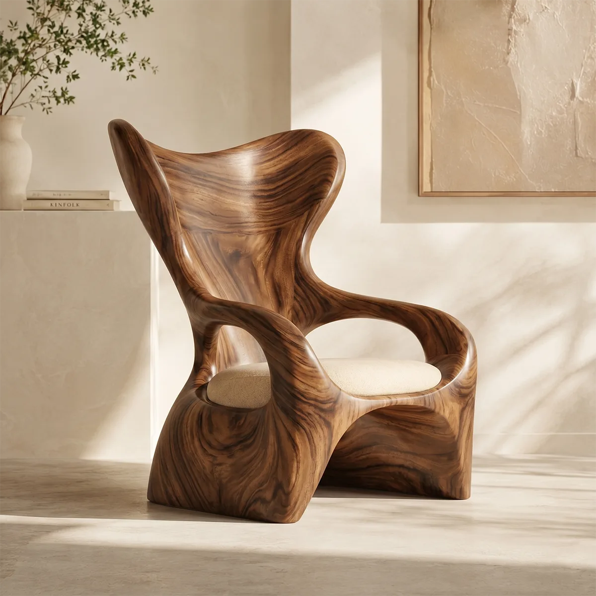 Organic High Back Solid Wood Lounge Chair | Sculptural Handcrafted Wooden Accent Chair TT006-3675
