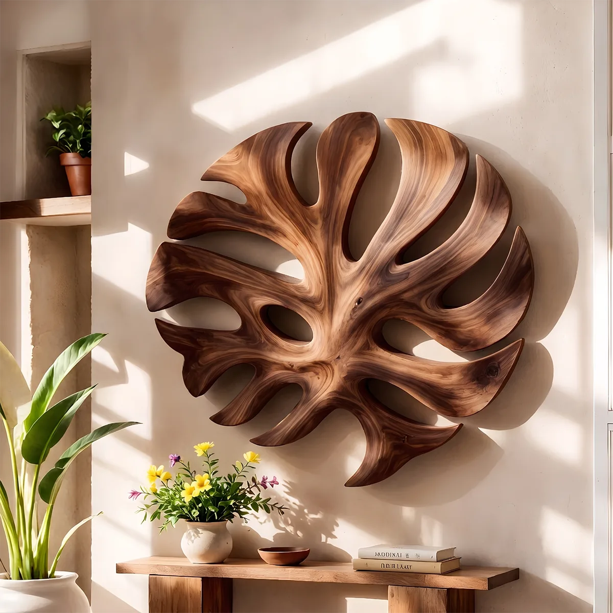 Round Monstera Leaf Wood Wall Art | Tropical Botanical Wooden Wall Decor for Living Room, Bedroom & Entryway TT006-2435