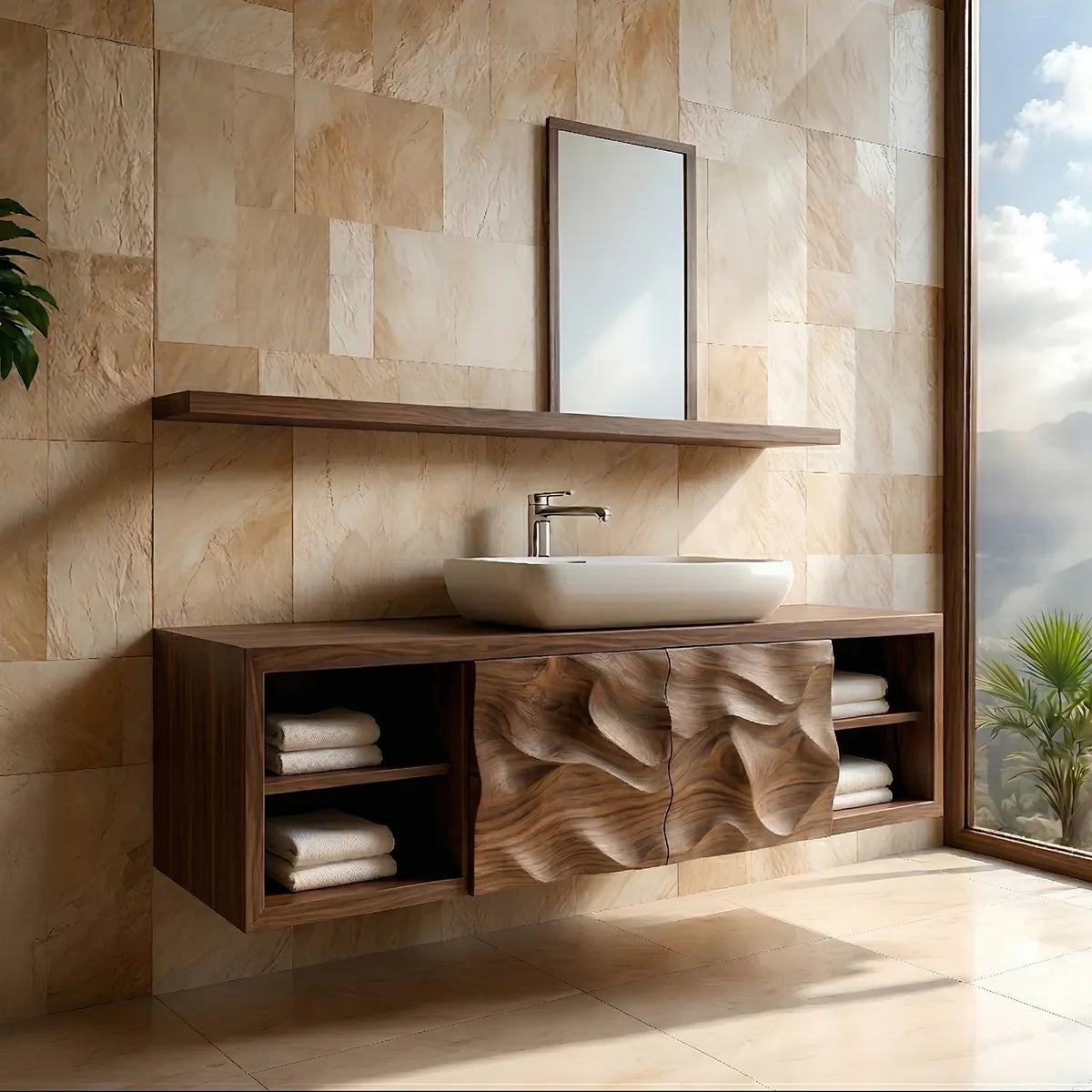 Floating Solid Wood Bathroom Vanity with Sculpted Doors and Open Side Shelves