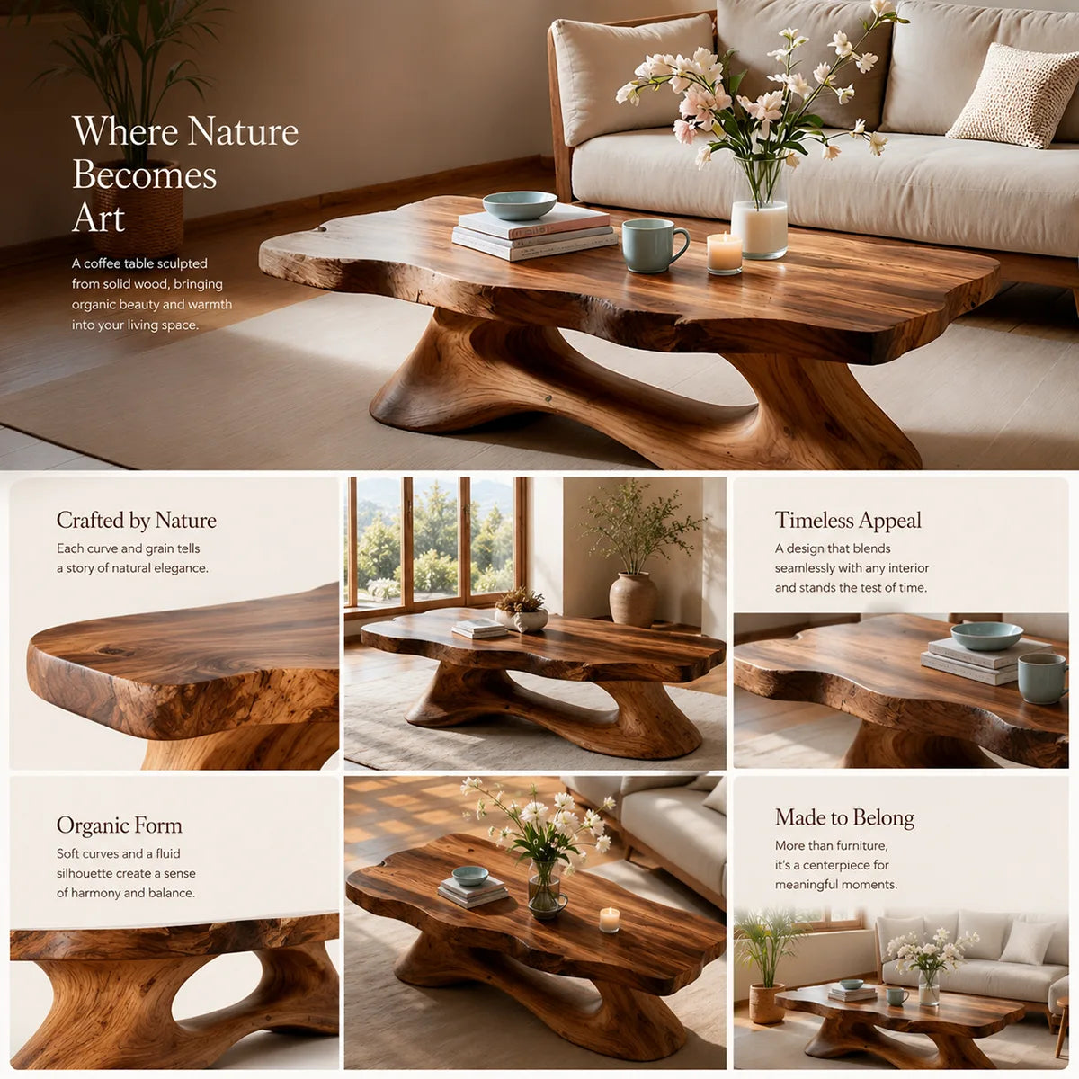 Live Edge Solid Wood Coffee Table – Handcrafted Organic Modern Center Table