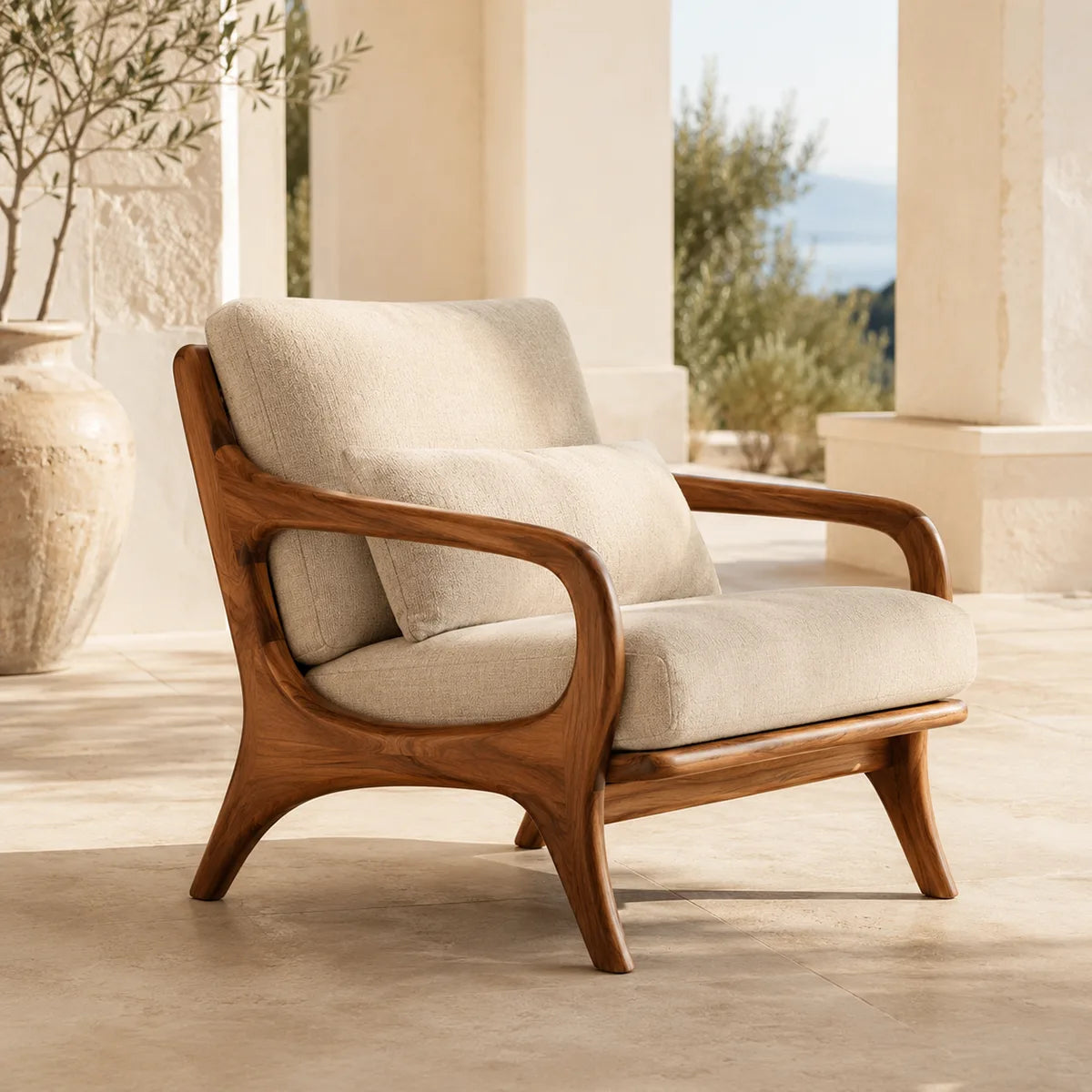 Mid-Century Solid Wood Lounge Chair | Handcrafted Wooden Accent Chair with Curved Arms TT006-7521