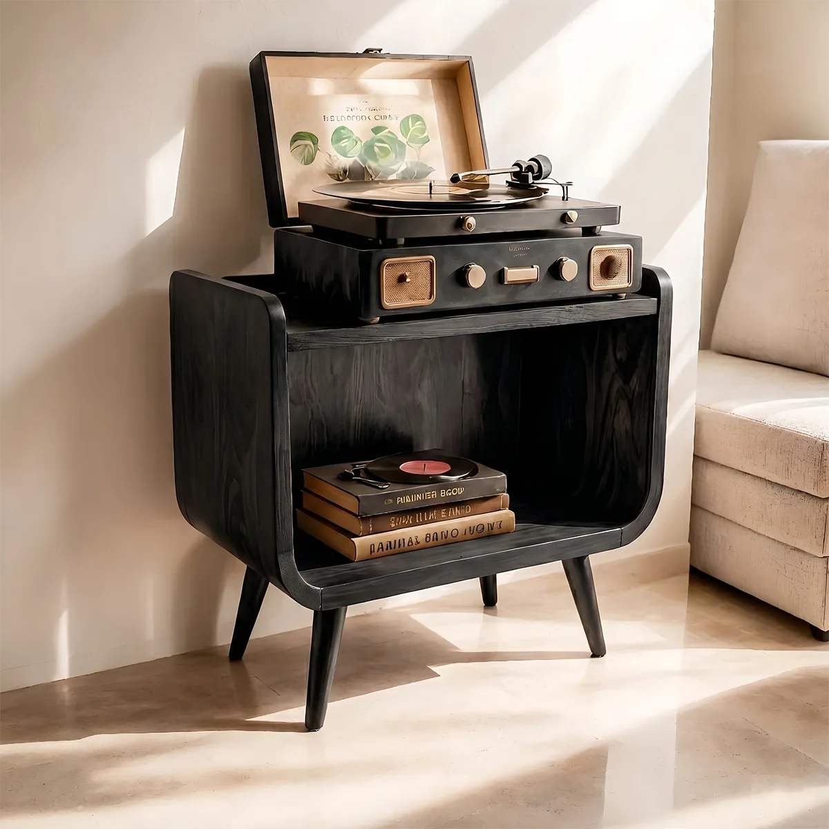 Mid Century Wooden Record Player Stand With Open Storage