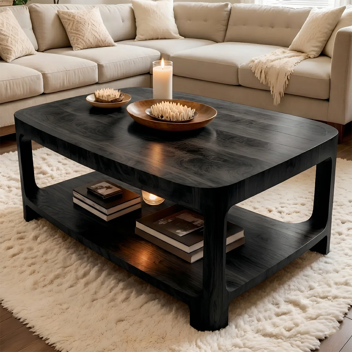 Modern Solid Wood Rectangular Coffee Table with Lower Storage Shelf