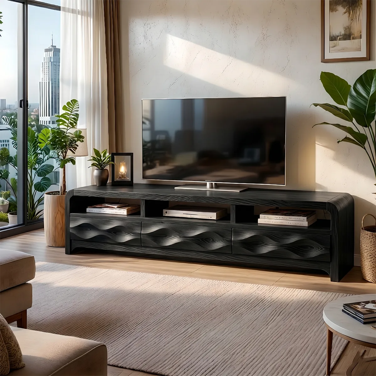 Modern Solid Wood Rounded TV Stand with Sculptural Wavy Drawers