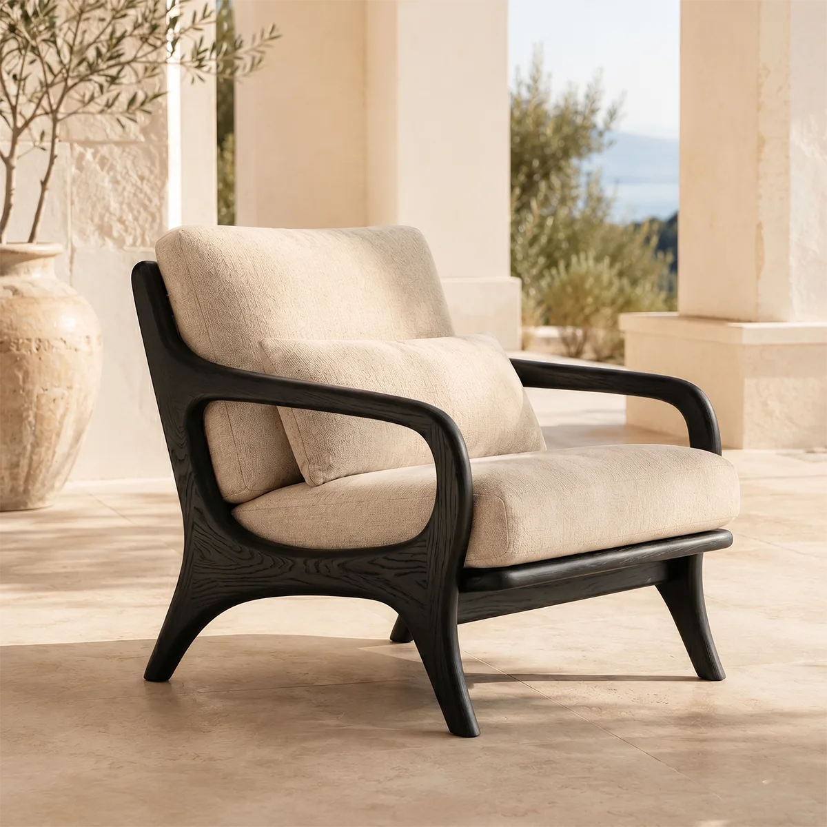 Mid-Century Solid Wood Lounge Chair | Handcrafted Wooden Accent Chair with Curved Arms TT006-7521