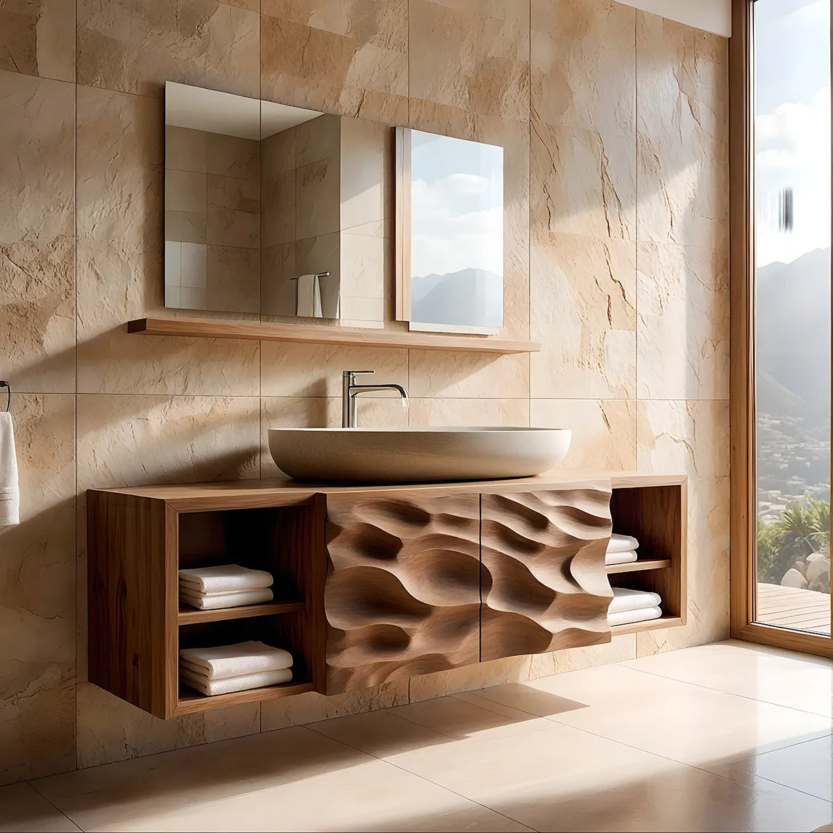 Floating Solid Wood Bathroom Vanity with Sculpted Drawers and Open Side Shelves