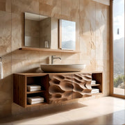 Floating Solid Wood Bathroom Vanity with Sculpted Drawers and Open Side Shelves