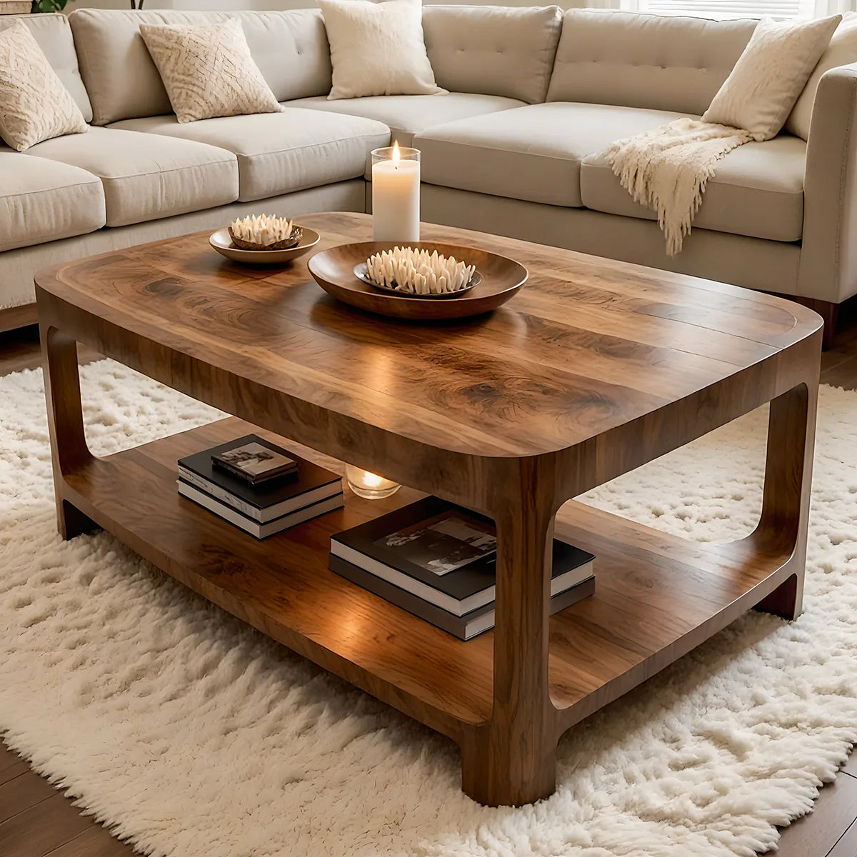 Modern Solid Wood Rectangular Coffee Table with Lower Storage Shelf