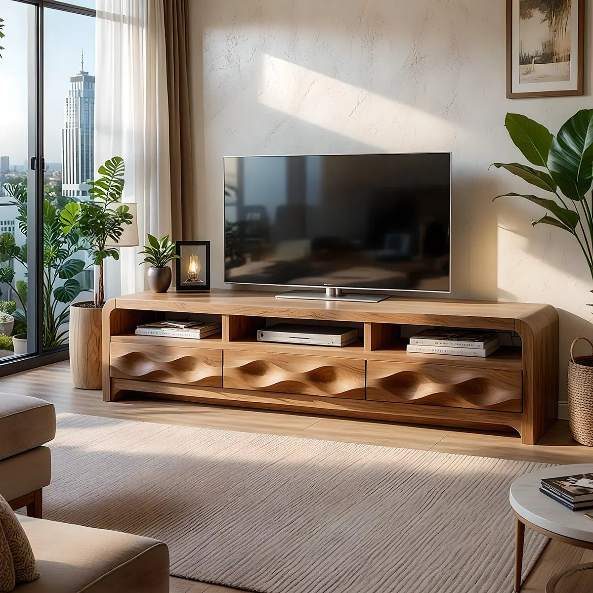 Modern Solid Wood Rounded TV Stand with Sculptural Wavy Drawers