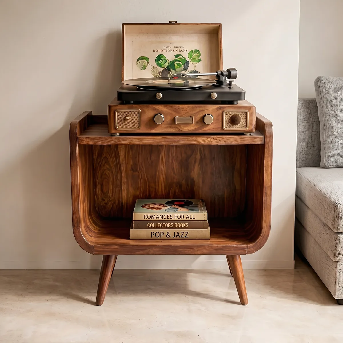 Mid Century Wooden Record Player Stand With Open Storage