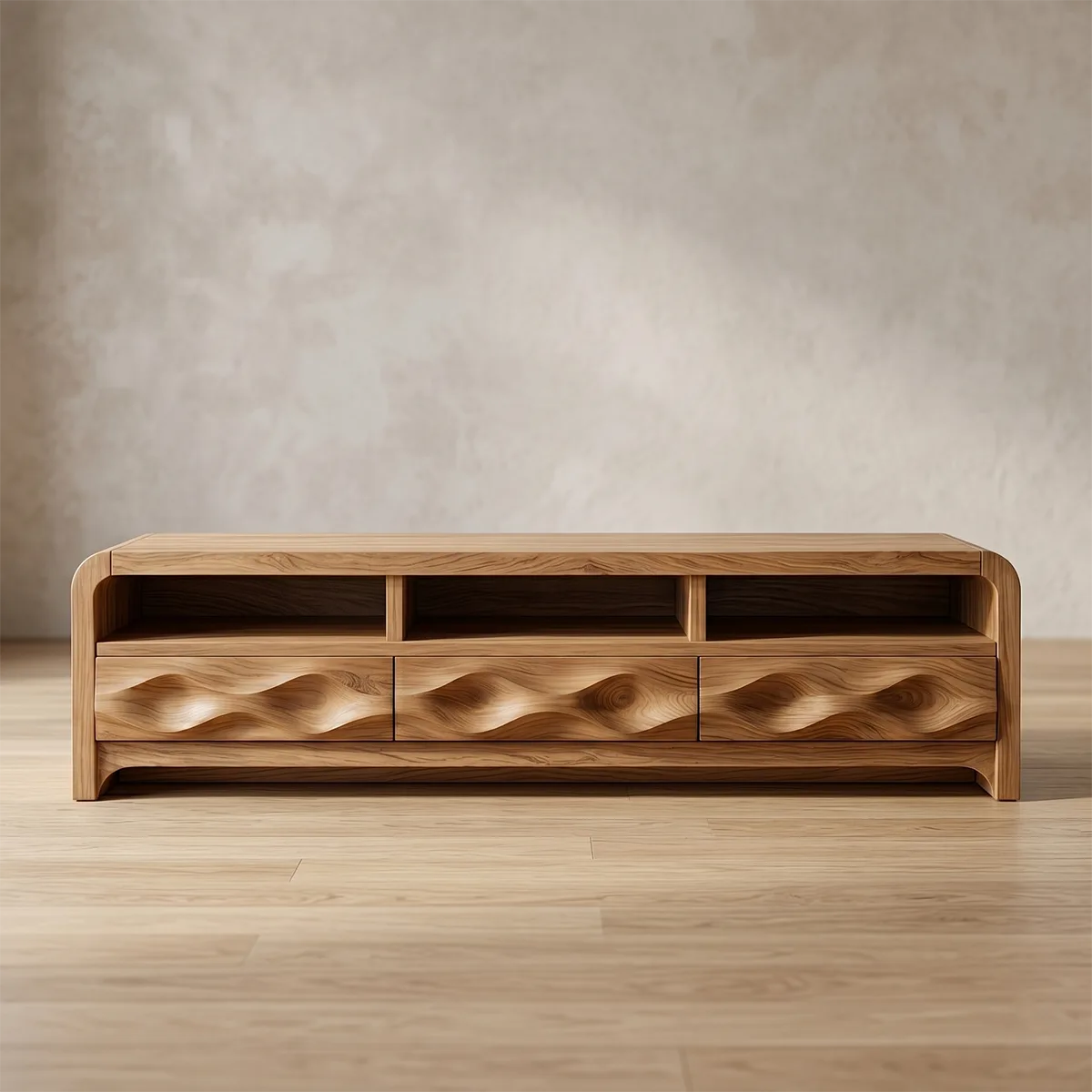 Modern Solid Wood Rounded TV Stand with Sculptural Wavy Drawers