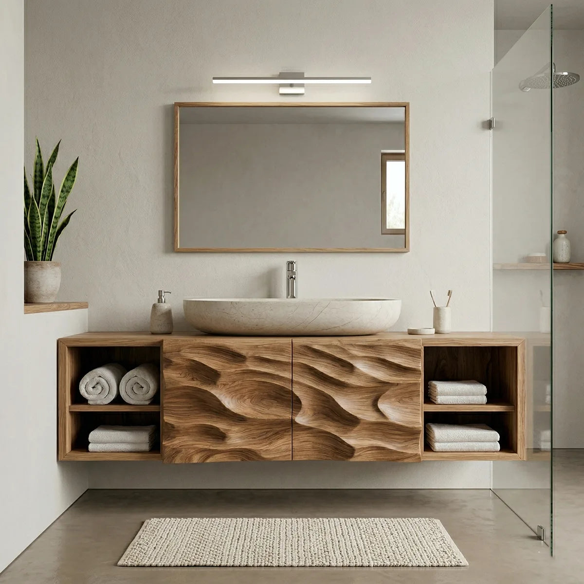 Floating Solid Wood Bathroom Vanity with Sculpted Drawers and Open Side Shelves