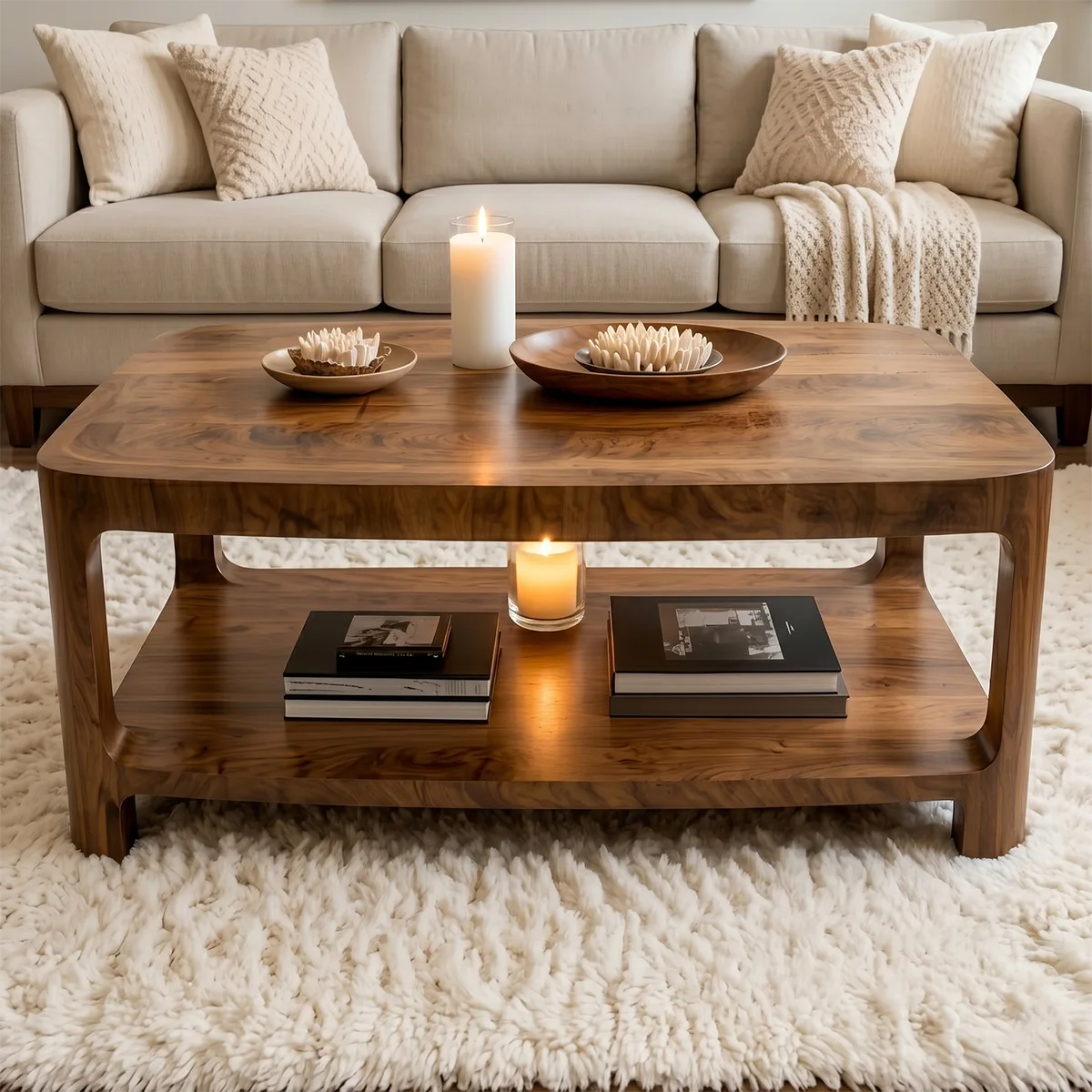Modern Solid Wood Rectangular Coffee Table with Lower Storage Shelf