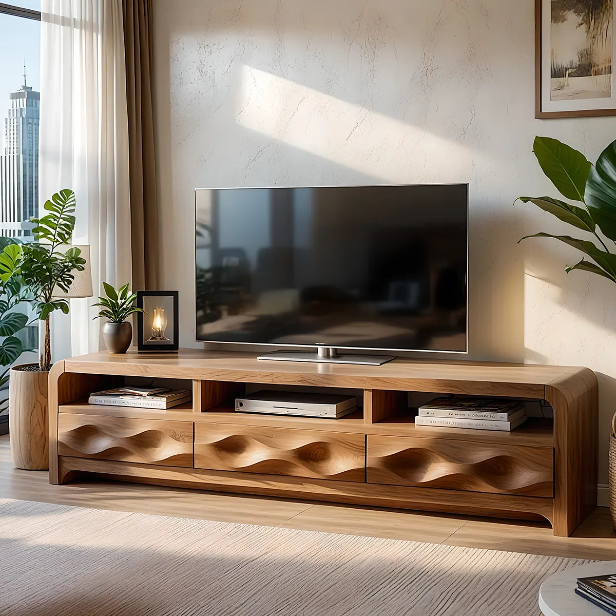 Modern Solid Wood Rounded TV Stand with Sculptural Wavy Drawers