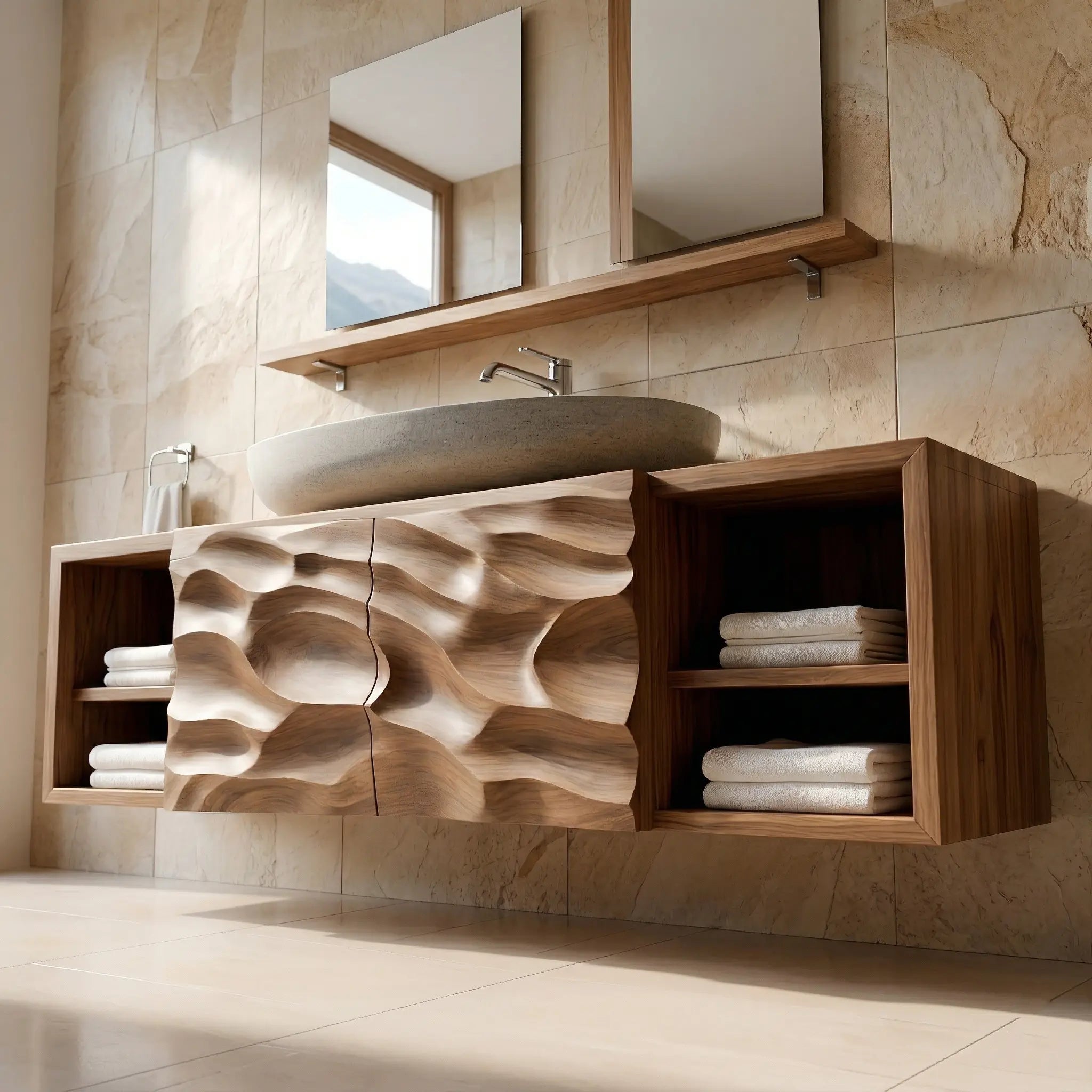 Floating Solid Wood Bathroom Vanity – Hand Carved Sculptural Cabinet