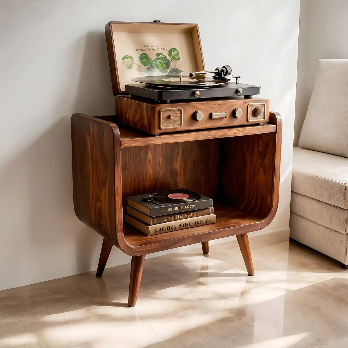 Mid Century Wooden Record Player Stand With Open Storage