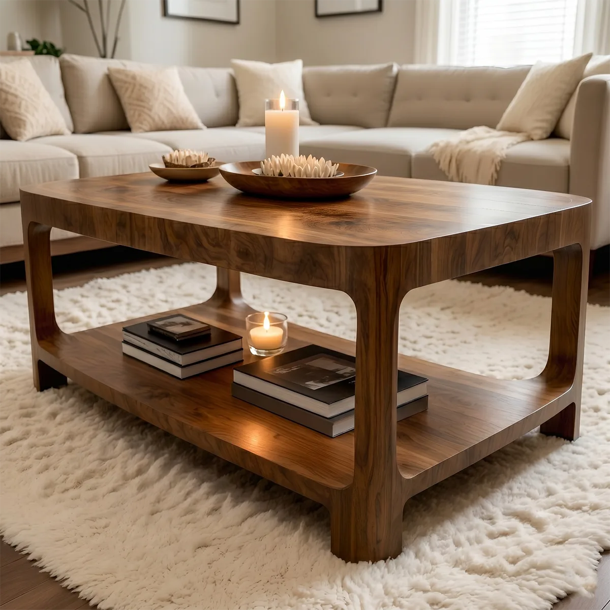 Modern Solid Wood Rectangular Coffee Table with Lower Storage Shelf