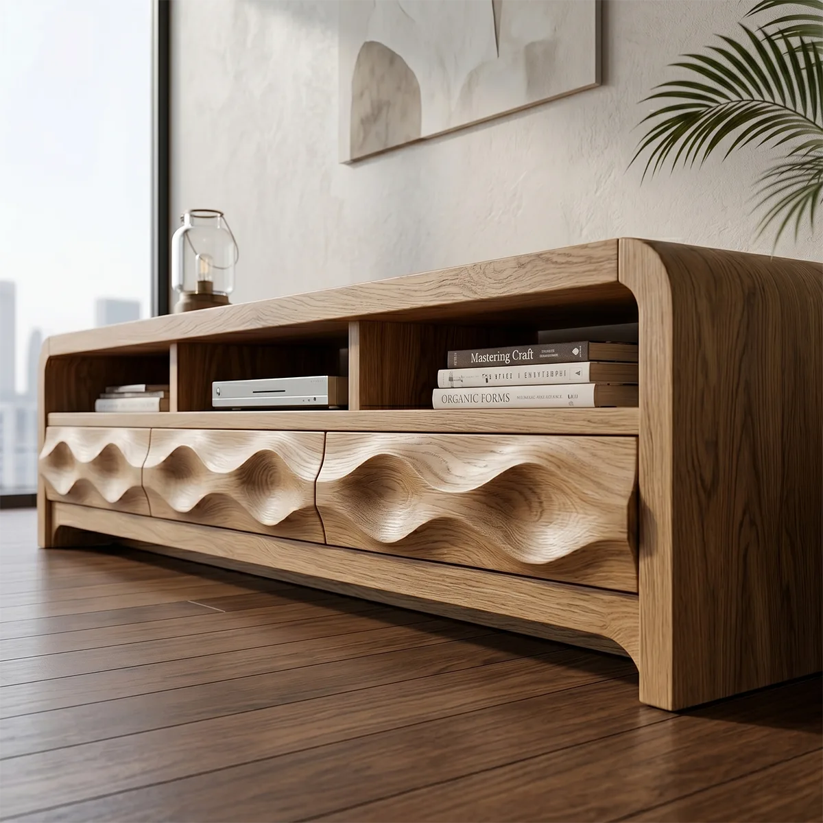 Modern Solid Wood Rounded TV Stand with Sculptural Wavy Drawers