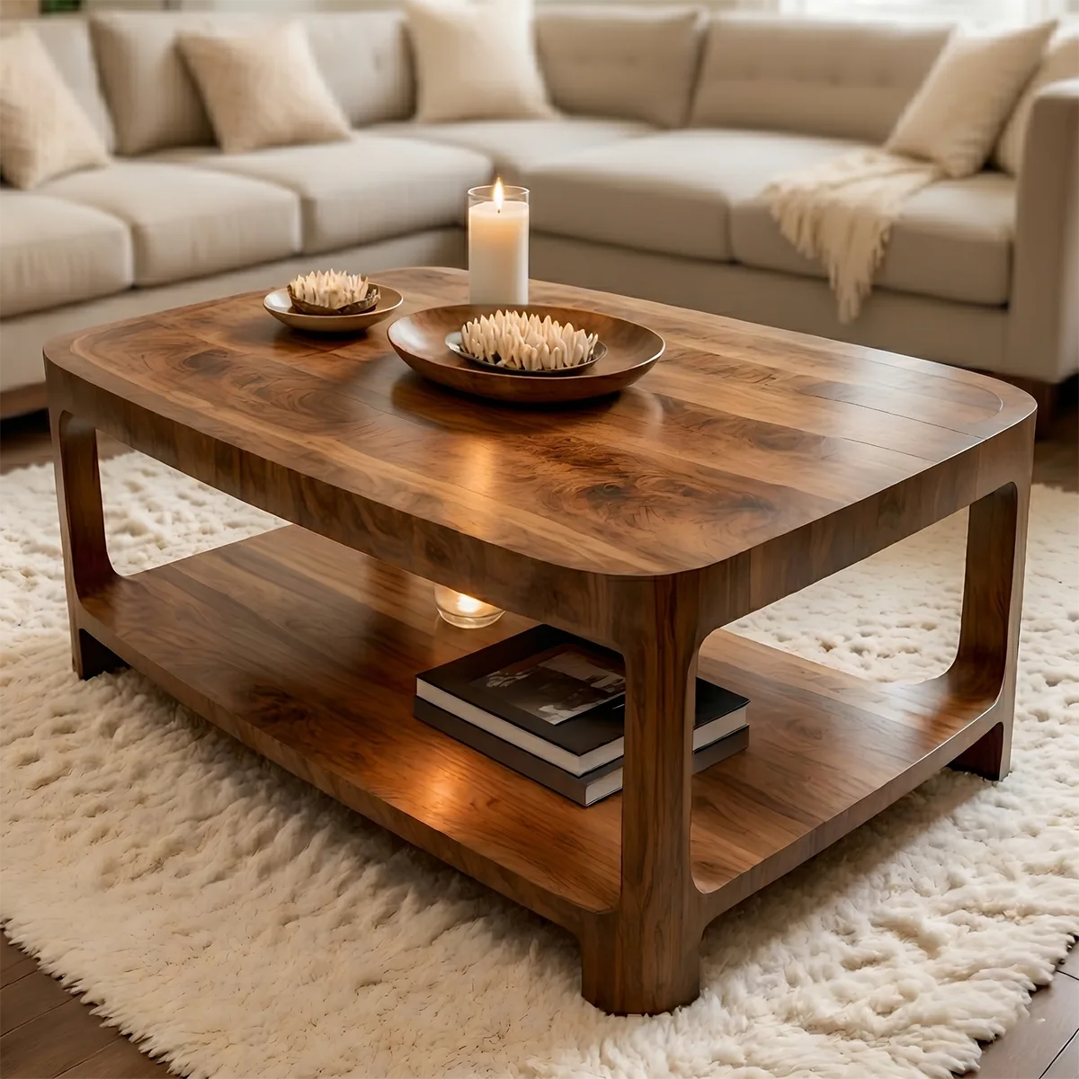 Modern Solid Wood Rectangular Coffee Table with Lower Storage Shelf