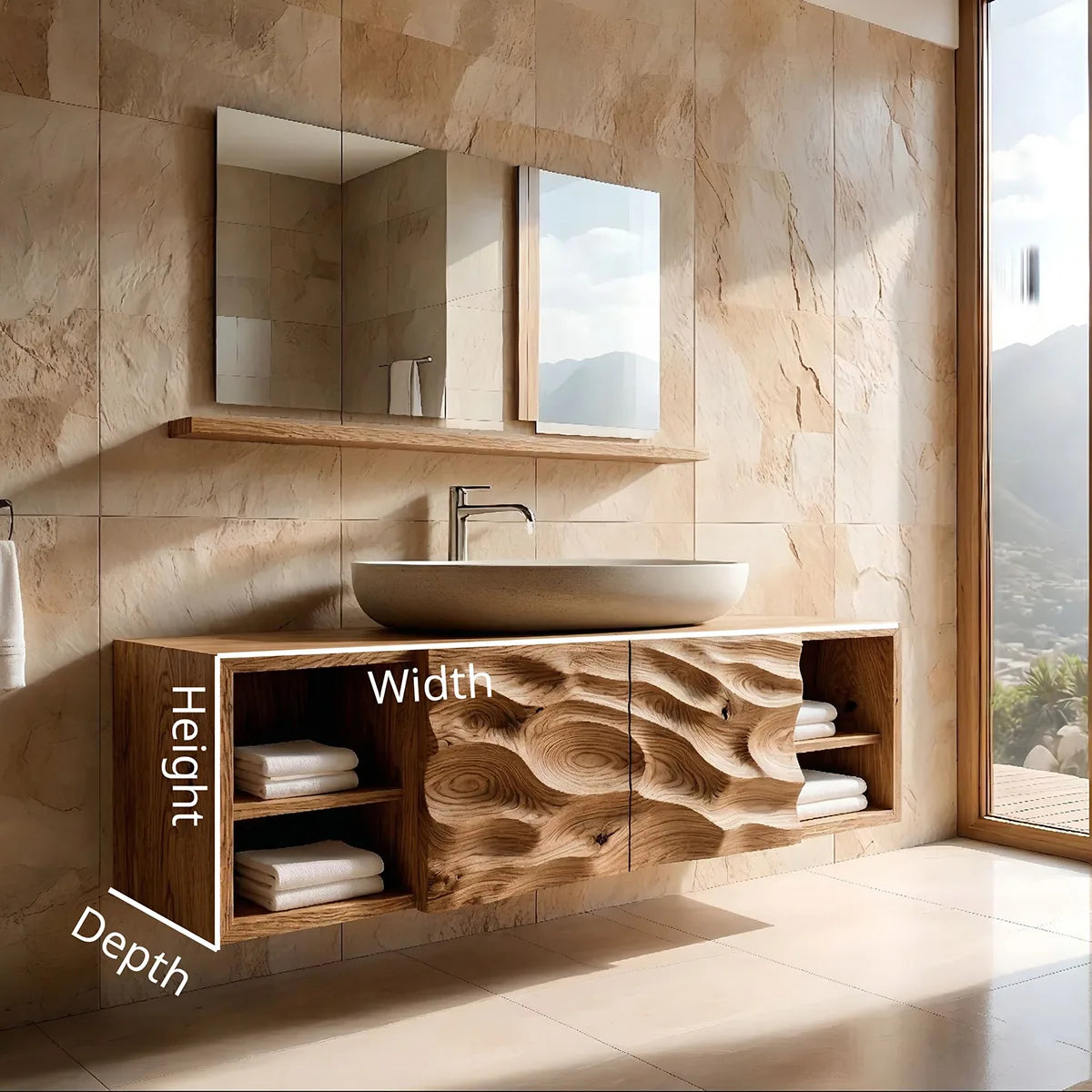 Floating Solid Wood Bathroom Vanity with Sculpted Drawers and Open Side Shelves