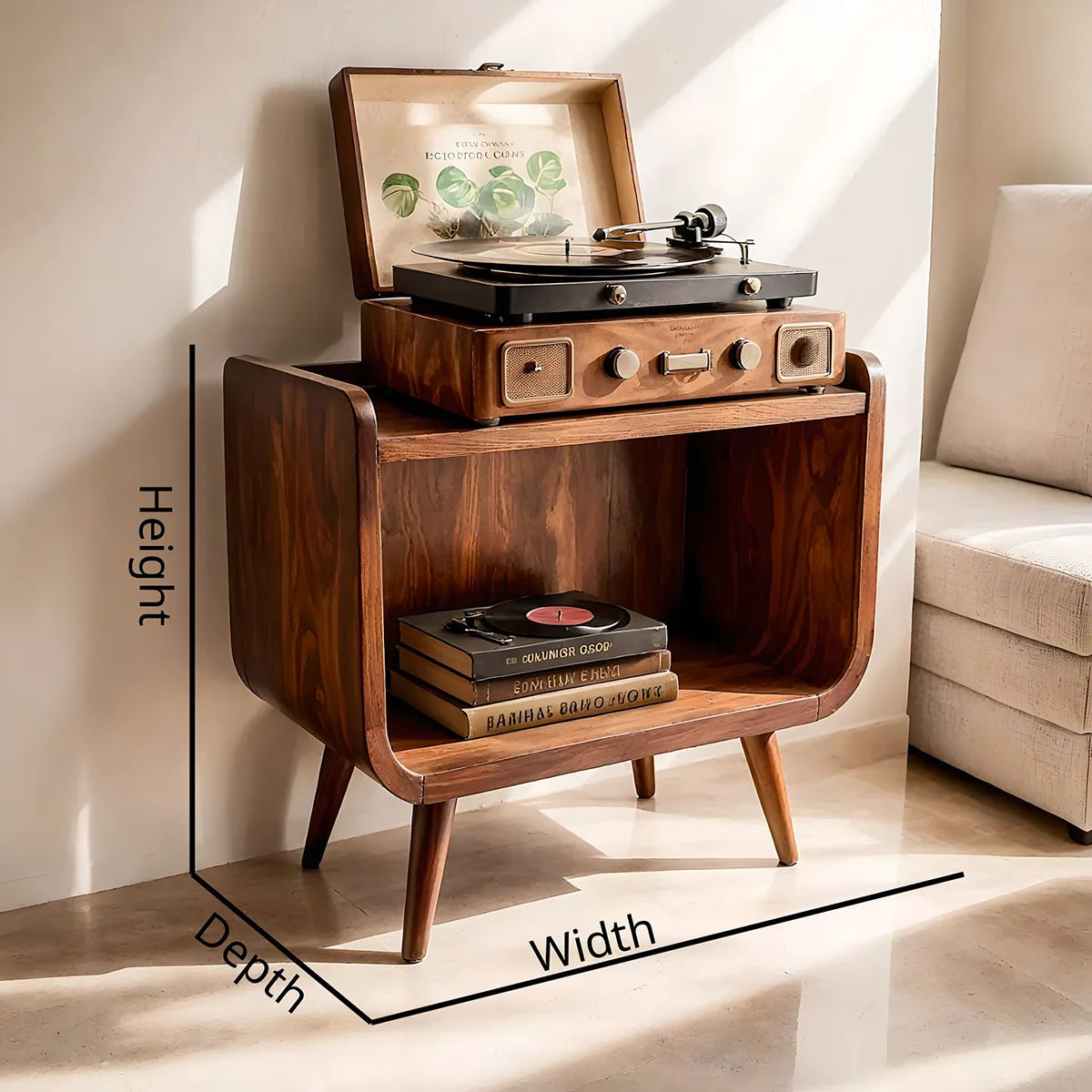 Mid Century Wooden Record Player Stand With Open Storage