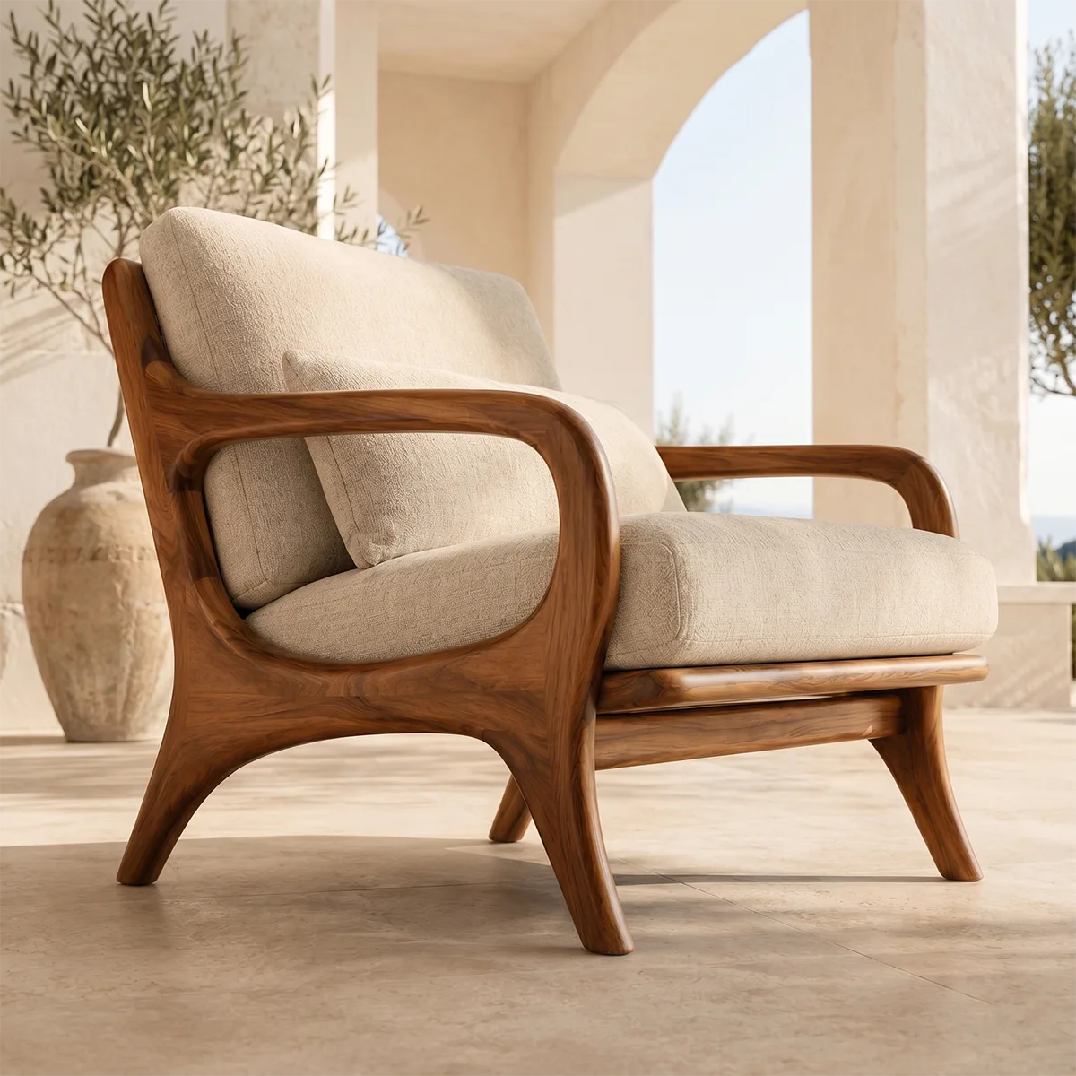 Mid-Century Solid Wood Lounge Chair | Handcrafted Wooden Accent Chair with Curved Arms TT006-7521
