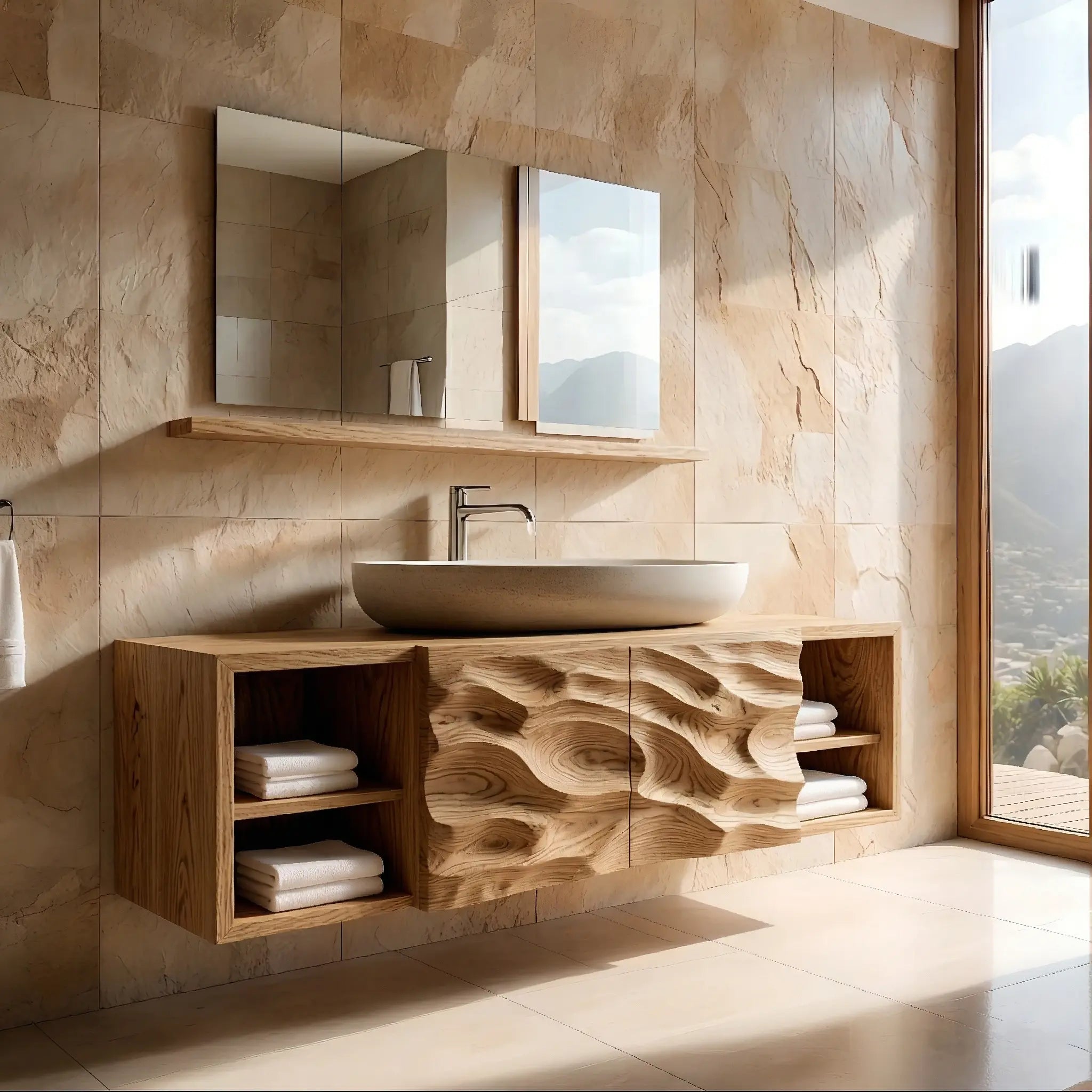 Floating Solid Wood Bathroom Vanity – Hand Carved Sculptural Cabinet