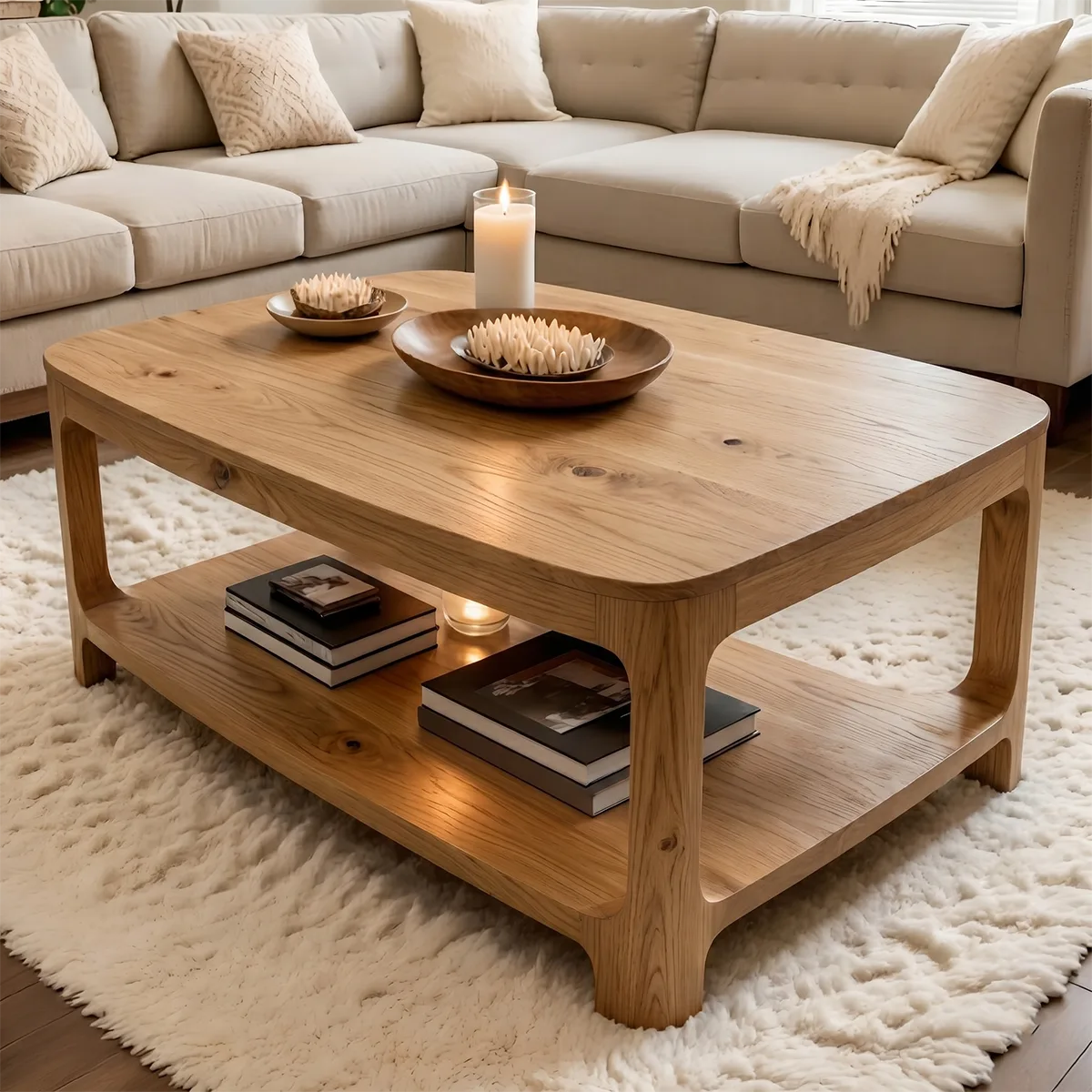 Modern Solid Wood Rectangular Coffee Table with Lower Storage Shelf