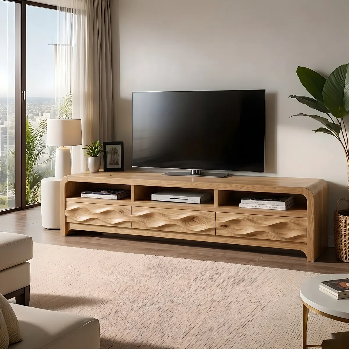 Modern Solid Wood Rounded TV Stand with Sculptural Wavy Drawers