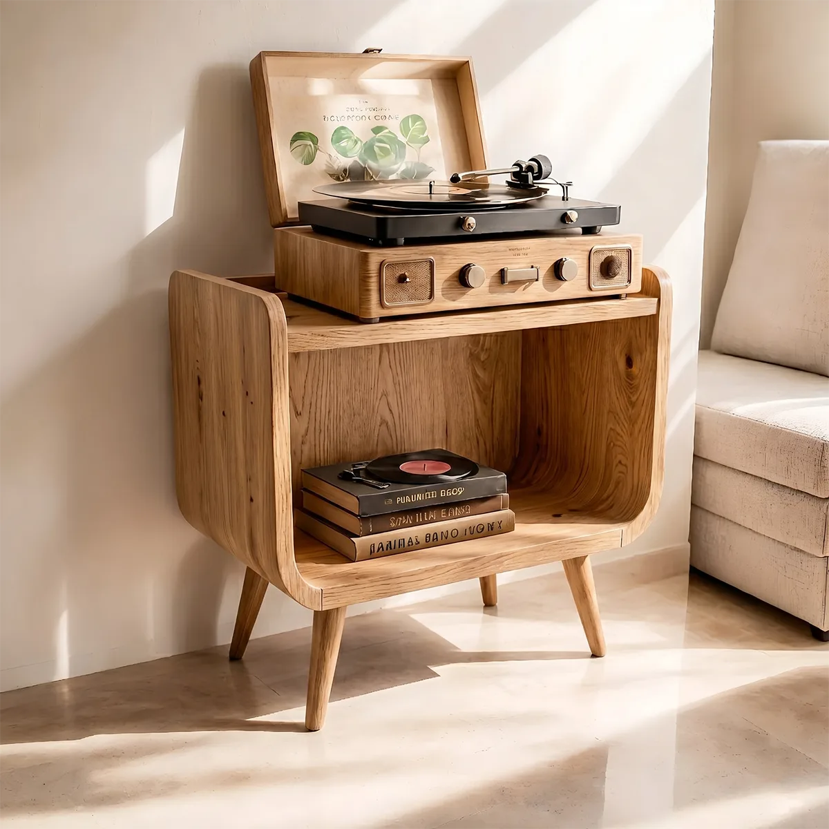 Mid Century Wooden Record Player Stand With Open Storage