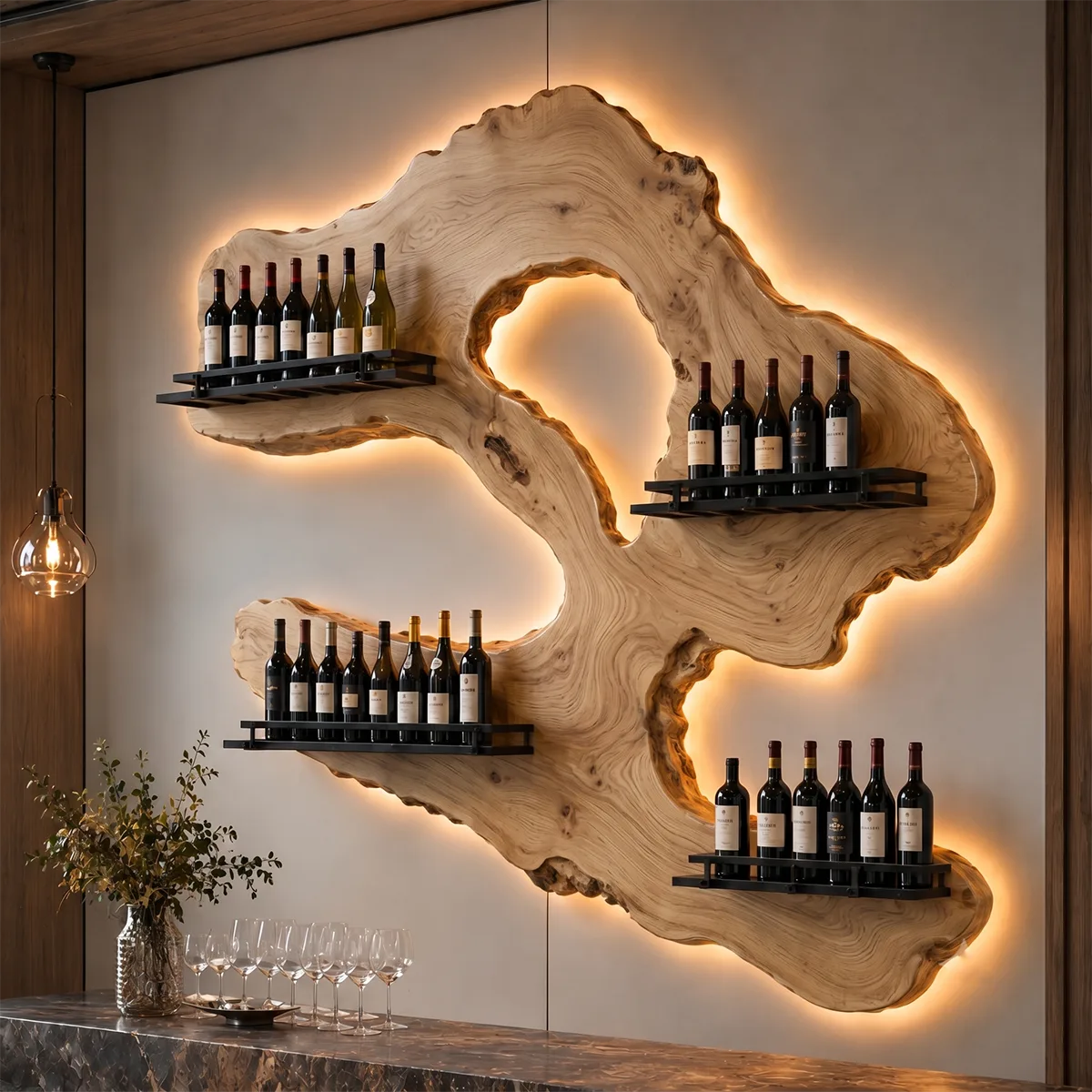 Rustic Live Edge Solid Wood Wall Wine Rack for Luxury Home Bars TT006-7332