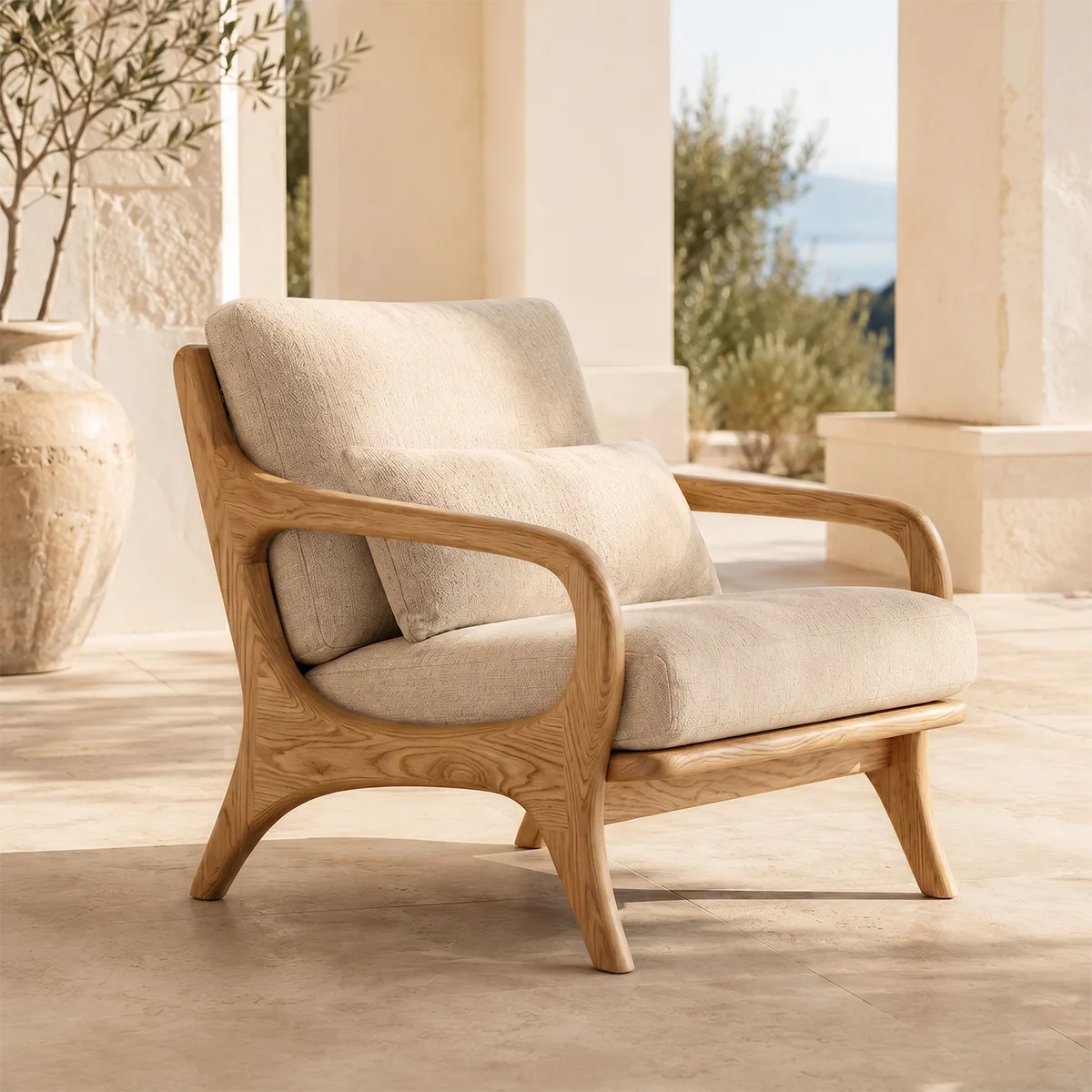 Mid-Century Solid Wood Lounge Chair | Handcrafted Wooden Accent Chair with Curved Arms TT006-7521