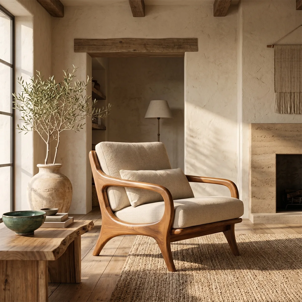 Mid-Century Solid Wood Lounge Chair | Handcrafted Wooden Accent Chair with Curved Arms TT006-7521