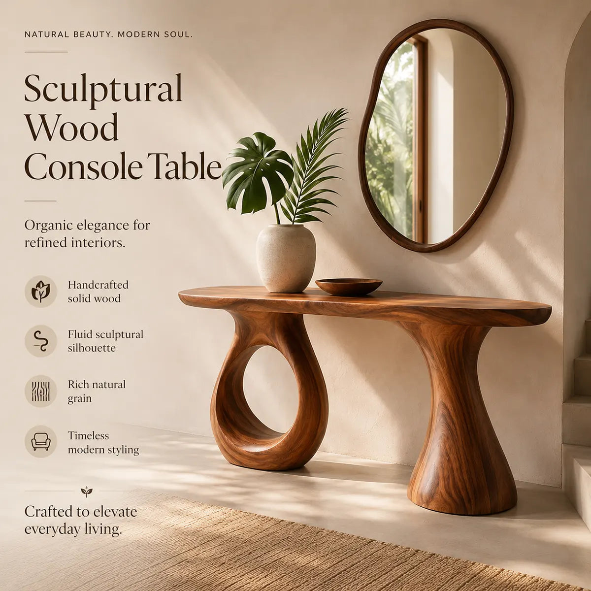 Modern Organic Console Table | Sculptural Solid Wood Entryway Hallway Accent Table TT006-2675