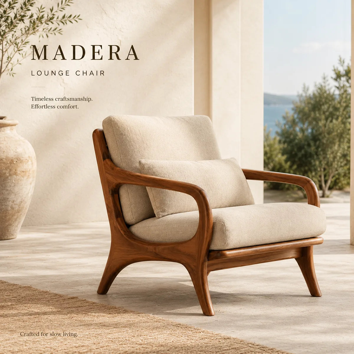 Mid-Century Solid Wood Lounge Chair | Handcrafted Wooden Accent Chair with Curved Arms TT006-7521