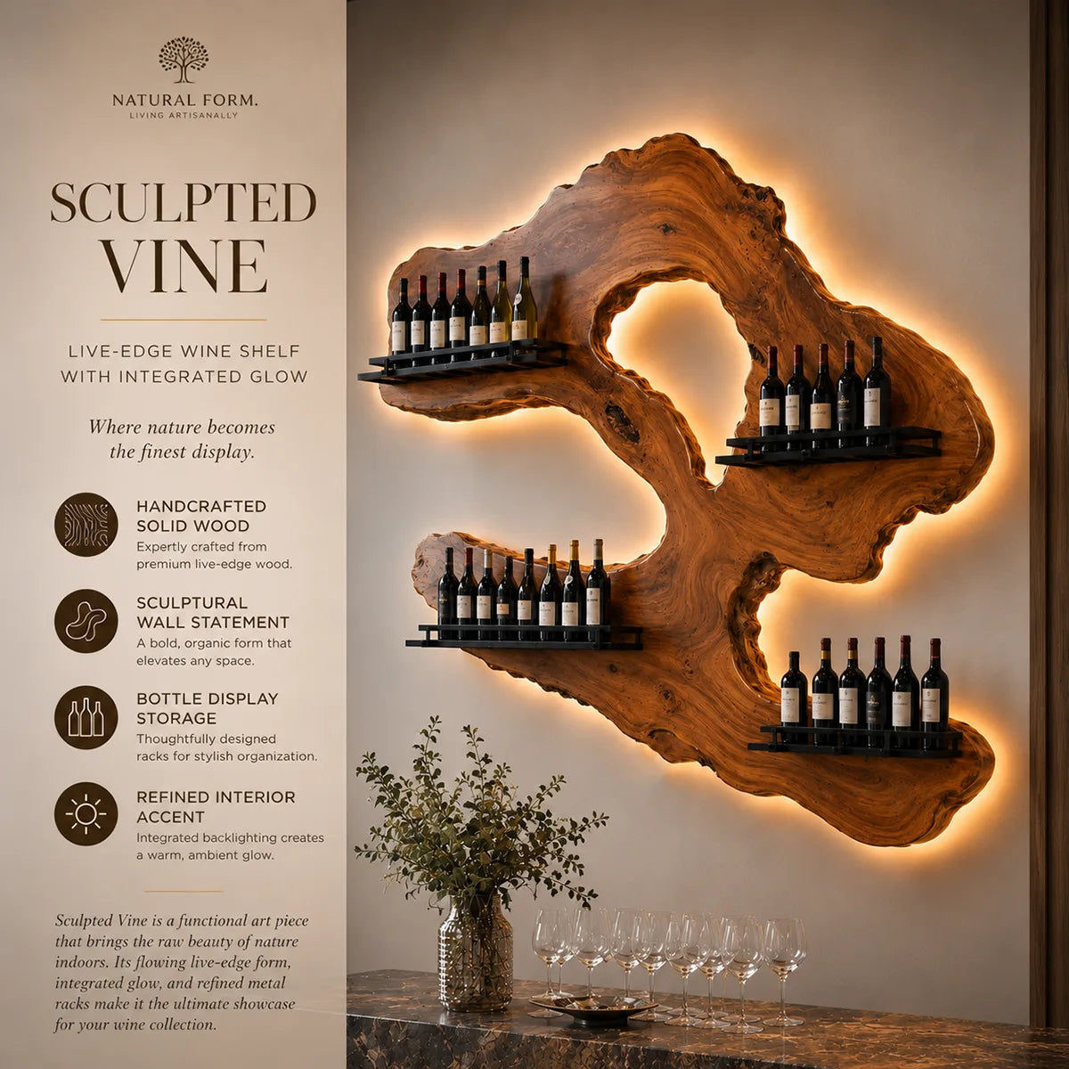 Rustic Live Edge Solid Wood Wall Wine Rack for Luxury Home Bars TT006-7332