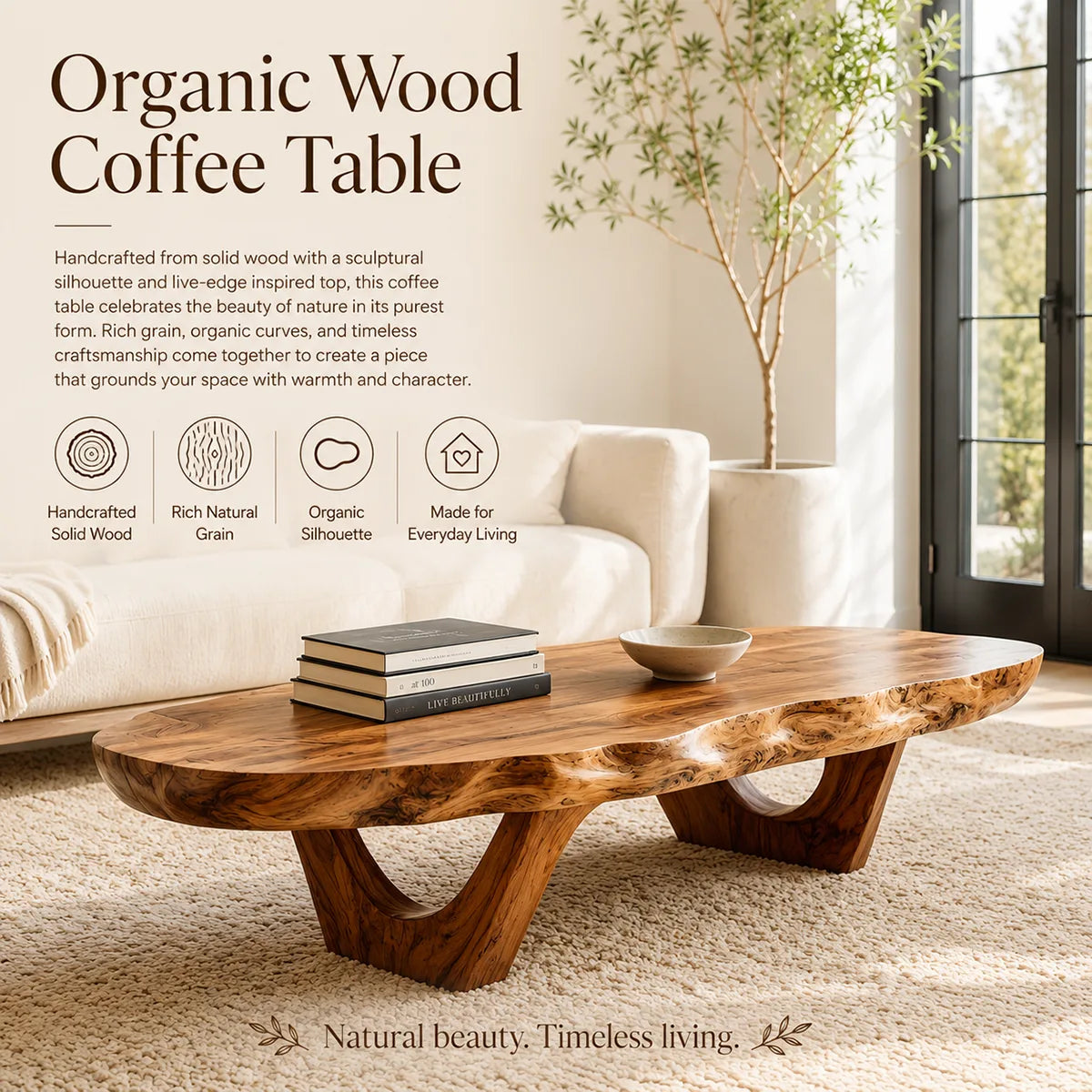 Organic Live Edge Coffee Table | Solid Wood Sculptural Center Table TT006-7965